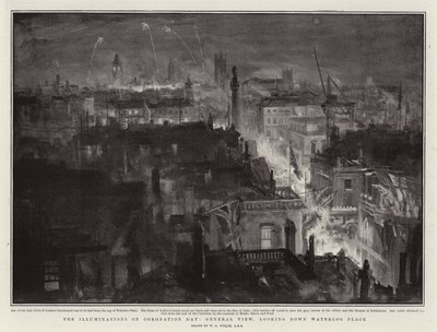 The Illuminations on Coronation Day, General View, ser ned på Waterloo Place af William Lionel Wyllie